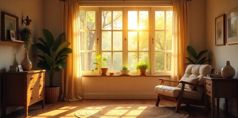 Warm sunlight streams through a window, illuminating a welcoming, hopeful scene A simple, cozy interior filled with promise and tranquility awaits , light, future, rustic