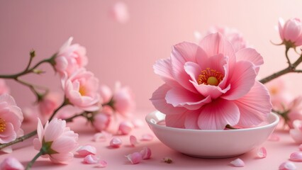 Pink Camellia Blossom in Bowl, Springtime Floral Still Life Composition