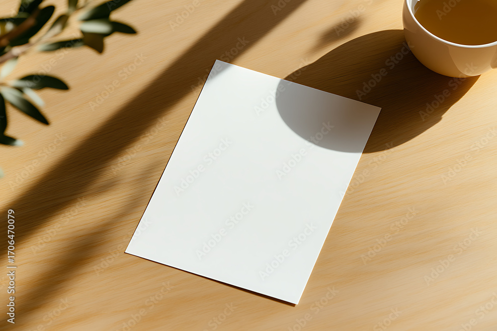 Poster blank card on table with morning light. perfect for a personalized message or invitation. add your o