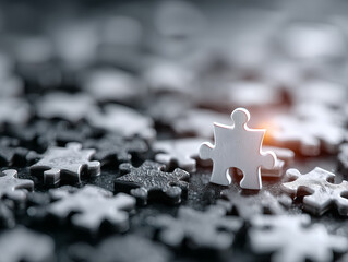 puzzle pieces scattered with one piece standing