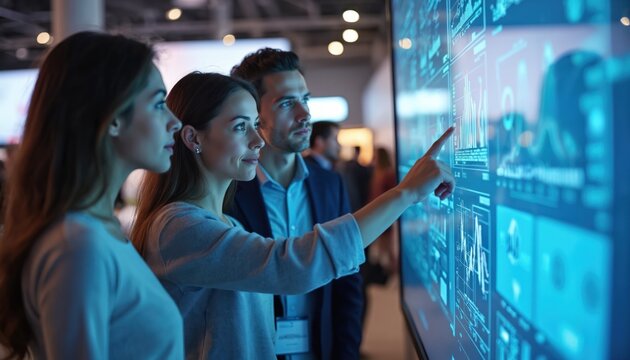 Young professionals engage with interactive digital display at tech expo. Diverse team collaborates examining data charts on touch screen. Modern business event shows innovative technology