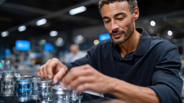 A man is carefully arranging glass jars on a sleek table, showcasing attention to detail and a serene workspace, perfect for presentation or retail setups.