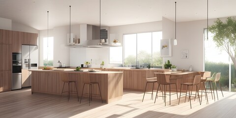 A luxurious, contemporary kitchen interior with a wooden dining table and chairs, showcasing modern home design and architecture
