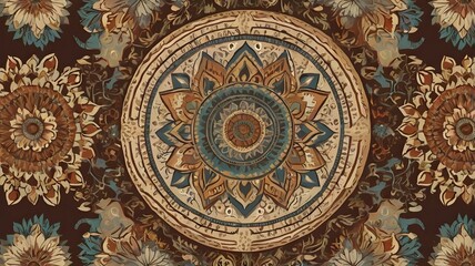 Fototapeta premium Repeating wallpaper design featuring detailed mandalas and ethnic ornaments, soft earthy tones, bohemian chic style, seamless high-resolution digital art,Generative Ai 