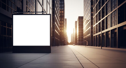 Blank billboard in urban setting, showcasing free space for advertisement, situated on city sidewalk at sunrise, representing advertising opportunities in a modern business district