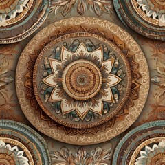 Naklejka premium Repeating wallpaper design featuring detailed mandalas and ethnic ornaments, soft earthy tones, bohemian chic style, seamless high-resolution digital art,Generative Ai 