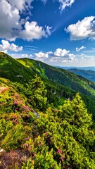 Mountain landscape, vibrant colors, lush foliage