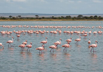 Obraz premium Pink flamingos gracefully wading in the strikingly colorful waters of Lake Natron. Perfect for wildlife, African landscapes, and exotic bird photography.