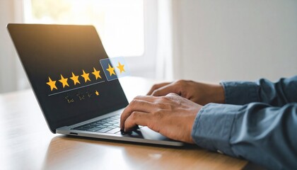 Person typing on laptop with digital overlay showing five-star rating and security padlock icon, set in indoor workspace with blurred table and plant in background, representing user feedback, online 