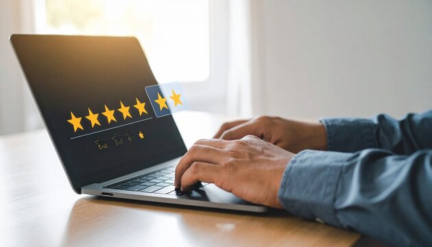 Person typing on laptop with digital overlay showing five-star rating and security padlock icon, set in indoor workspace with blurred table and plant in background, representing user feedback, online  - Powered by Adobe