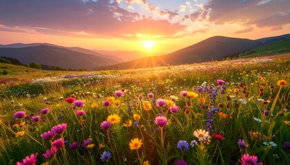 Obraz premium Colorful wildflowers bloom in a mountain meadow at sunset