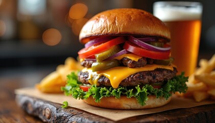 Double beef patty burger with melted cheese, fresh lettuce, juicy tomatoes, pickles, and onion rings served with golden french fries and cold beer glass. Appetizing meal combination.