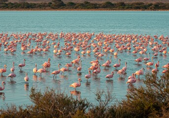 Naklejka premium Pink flamingos gracefully wading in the strikingly colorful waters of Lake Natron. Perfect for wildlife, African landscapes, and exotic bird photography.