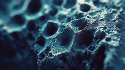 Macro of a blue cratered rock surface, abstract texture