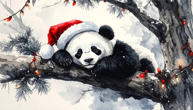 Cute panda in Santa hat resting on a snowy tree branch with Christmas lights