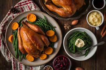 Pavo asado tradicional de Acci&oacute;n de Gracias con batata, jud&iacute;as verdes y guarniciones festivas