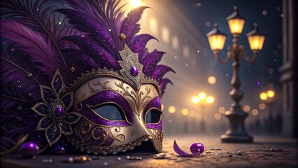 Elegant Venetian carnival mask with purple feathers and golden details on city street at night with glowing vintage lanterns