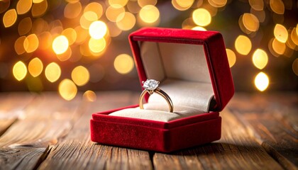 Diamond engagement ring in red velvet box—romantic glow with warm bokeh lights on wooden surface.