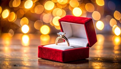 Diamond engagement ring in red velvet box—romantic glow with warm bokeh lights on wooden surface.