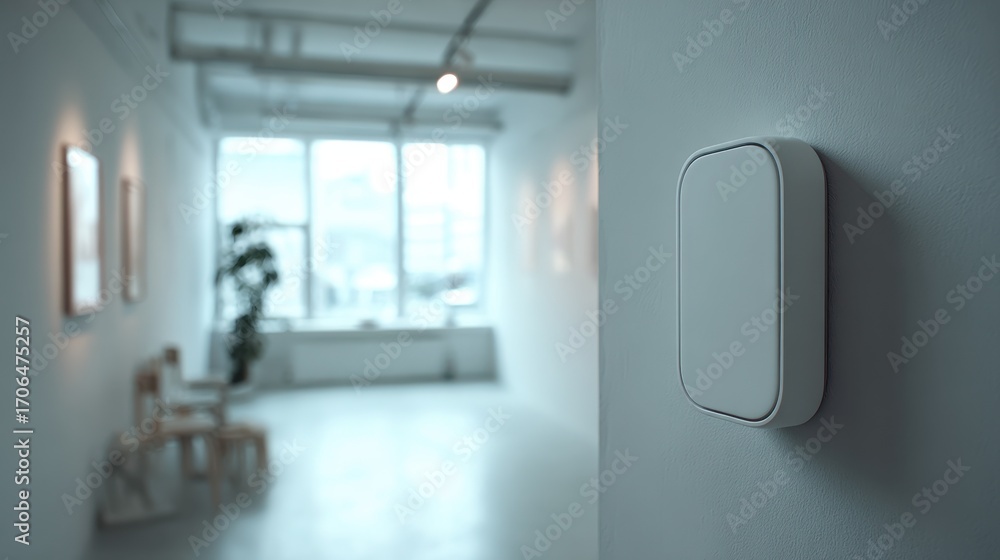 Aufkleber medium shot of a digital label next to an art piece in a gallery with the artwork softly blurred in 