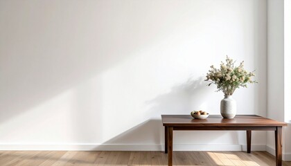 Fototapeta premium Minimalist interior with wooden table, white vase of green foliage, and fruit bowl—soft natural light and serene elegance.