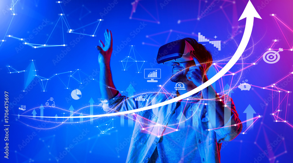 Poster A business professional engages with virtual reality technology to analyze growth strategies and financial metrics in a dynamic and modern work environment. XDMCP