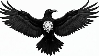 Black raven with outstretched wings displays celtic knot symbol on chest. Norse mythology bird illustration isolated on white art. Detailed feathers, sharp beak, intense eye create powerful image for