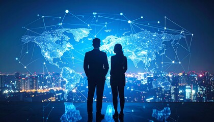 Business professionals viewing a global network, night cityscape