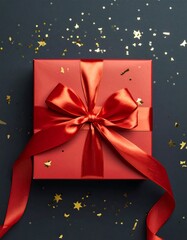 Red gift box with gold confetti on dark background