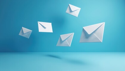 Abstract concept of digital communication showing floating white envelopes against vibrant blue background. Represents electronic mail, instant messaging, cyberspace connectivity. Modern graphic