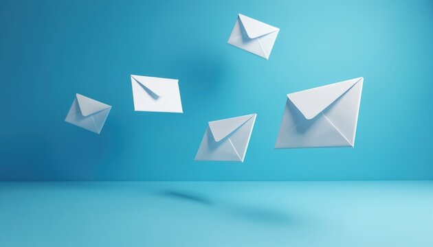 Abstract concept of digital communication showing floating white envelopes against vibrant blue background. Represents electronic mail, instant messaging, cyberspace connectivity. Modern graphic