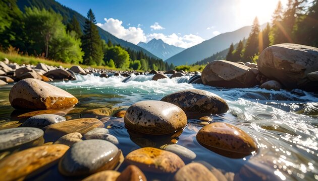 Mountain stream, rocks, and sunshine