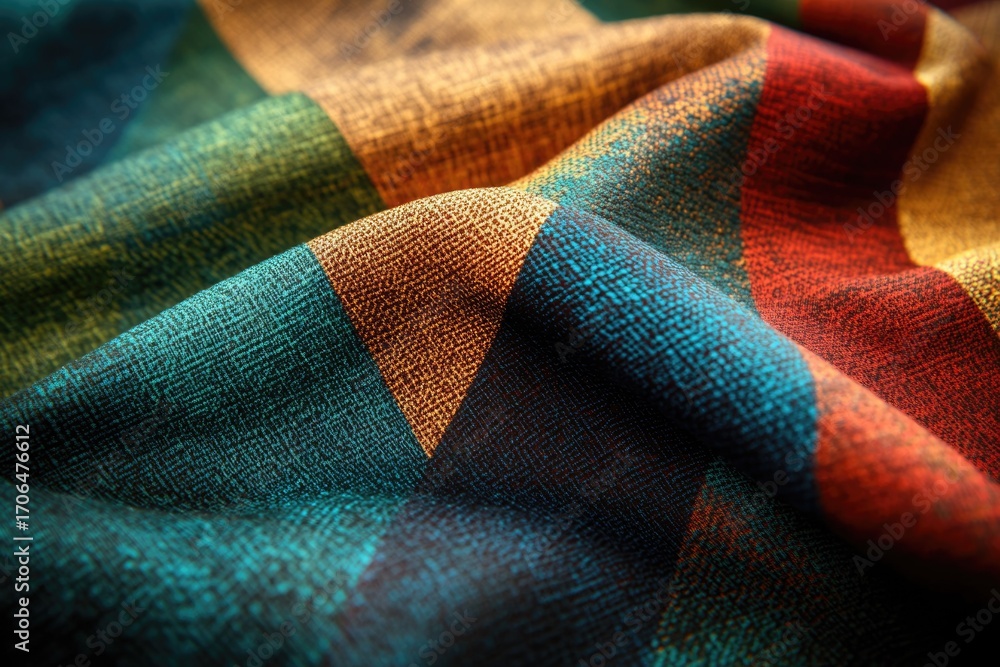Poster close-up of multicolored striped fabric with a textured weave, showing folds and drapes.