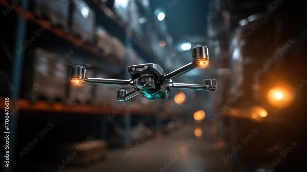 Poster medium shot of a sleek drone hovering with focused sensors scanning inventory shelves in a dimly lit