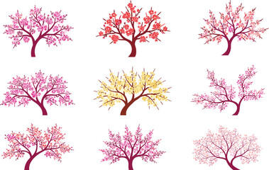 Fototapeta premium Colorful blooming trees, spring blossom design, floral seasonal tree, vibrant foliage illustration, decorative tree art, pink red yellow blossoms