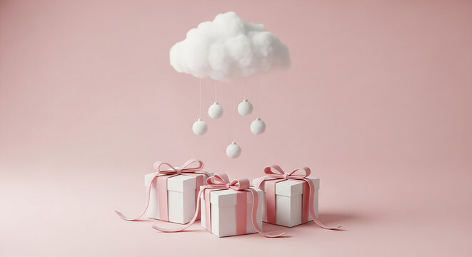 Pink background with white gift boxes, pink ribbons, and white ornaments hanging from a fluffy white cloud, showcasing a festive, minimalist gift concept