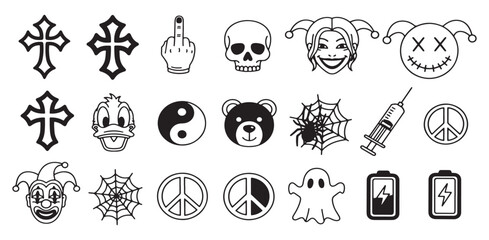 Black Outline Tattoo Flash Sheet Art Cross Skull Jester Spiderweb Ghost Clown Yin Yang Peace Sign Donald Duck Battery