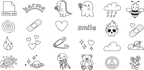 Whimsical Tattoo Designs Vector Art Set Quirky Illustrations Cute Elements Tattoo Ideas Line Art Graphics Playful Icons © jonty