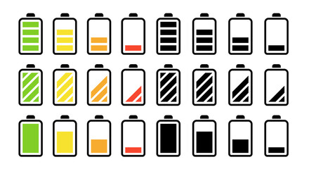 Battery level icons set with charge indicators