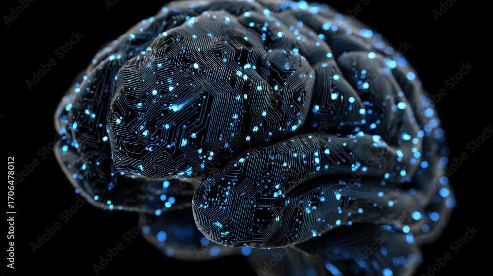 Poster digital brain representation showcasing dna database system with intricate circuitry and glowing ele