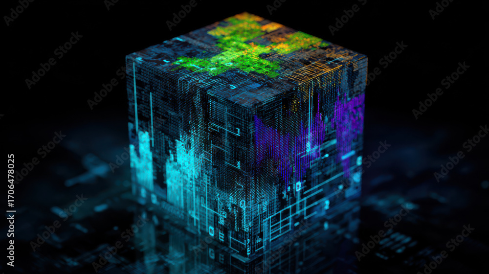 Poster vibrant cube represents dynamic dna database system showcasing intricate patterns and colors that ev