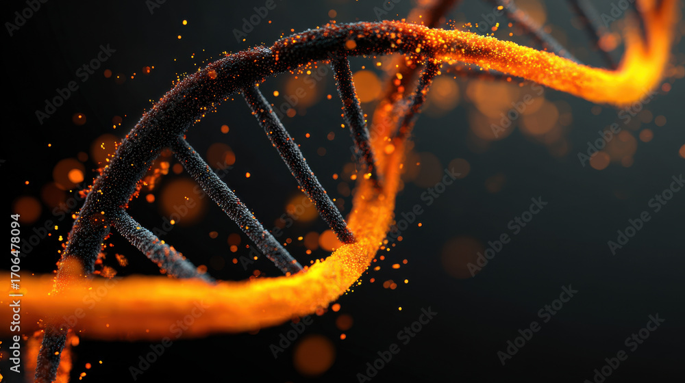 Poster stunning visualization of dna strand showcasing vibrant orange color against dark background, repres