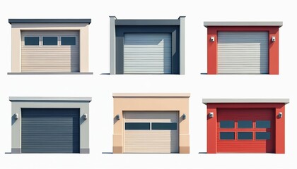 Obraz premium Set of realistic garage doors, roller gates, shutters in various colors, designs. Includes modern, industrial, cartoon styles for home, workshop, warehouse, factory exteriors. Isolated on white