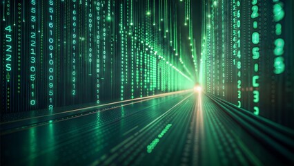 Green Binary Code Tunnel with Glowing Light abstract