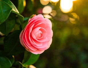 Pink camellia flower in sunlight