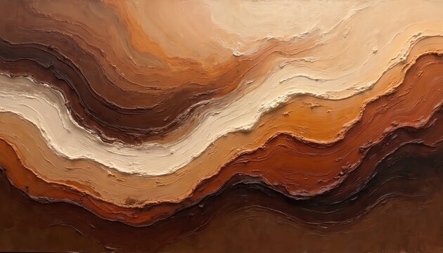 Rich, textured abstract art features wavy layers of warm brown, caramel, cream colors. Impasto technique creates tactile, dimensional surface with light, shadow play, evoking natural elements like