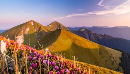 Mountain vista at sunset, wildflowers in foreground
