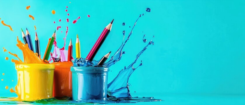 Colorful pencils and paint splatter design creative art supplies education concept