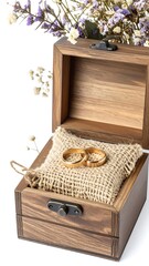 Wooden box with wedding rings on a burlap cushion