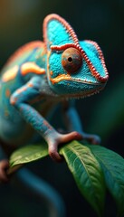 Obraz premium Vibrant chameleon perched on branch, intricate scales in shades of blue, orange, and green. Close-up reptile detail, nature fauna, tropical exotic animal. Background artfully blurred.